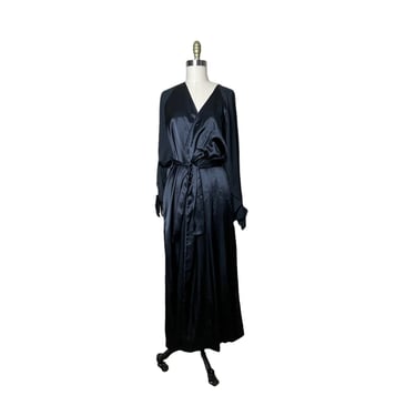 Vintage Victoria’s Secret Full Length Robe Black Satin With Bows, Gold Label Lingerie size m/l flawed 