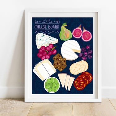 Cheeseboard 8 X 10 Kitchen Art Print/ Food Illustration/ Cheese and Fruit Cooking Decor/ Charcuterie Wall Art 