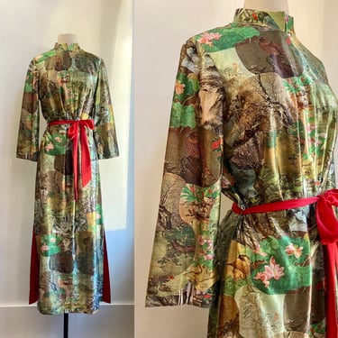 Vintage 70s Caftan Hostess Maxi Dress / SAKS Fifth Ave / WALLPAPER Photo Real Print / Silky Qiana Fabric 