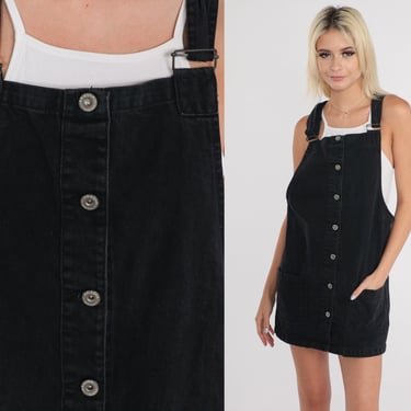 Black Overall Dress y2k Denim Mini Dress Bib Pinafore Overalls Dress Retro Button up Jumper Summer Day Vintage 00s Arizona jean co Small S 