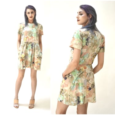 80s Vintage Floral print dress Summer Cotton T shirt Knit Dress Pastel Floral Print Water color Dress Medium 