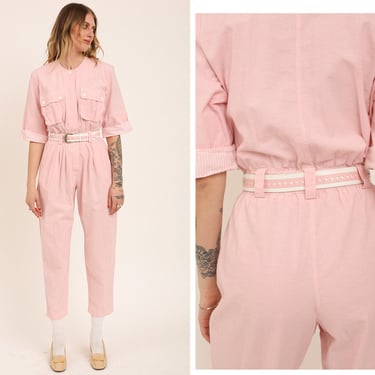 Vintage 1980s 80s Baby Pink Cotton Stripe Full Length Boiler Suit Jumpsuit w/ Matching Belt 