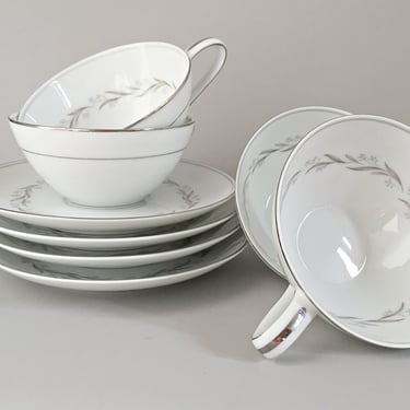 4 Vintage Noritake Almont cup & saucer sets. Elegant MCM dinnerware wedding china, dainty grey design on white porcelain w/ platinum rims 