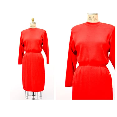 80s Vintage Red St John Dress Saks Fifth Avenue Red Knit Dress by St John // 80s Red Sweater Knit Dress Small Medium 80s Glam Designer Dress 