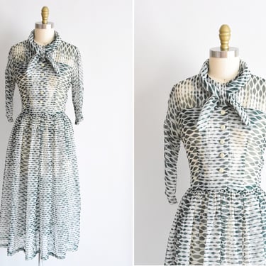 1950s House Party dress/ vintage 50s full skirt dress / sheer chiffon daydress 