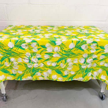 Vintage Floral Yellow Tablecloth Flower Pattern Mid-Century 1960s Retro Table Cloth Dining Room Kitchen Handmade Linen Tulip Green 