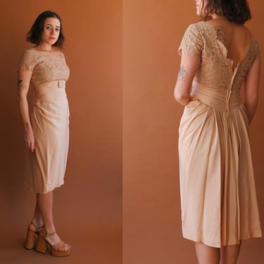 Vintage 50s Emma Domb Beige Lace Cocktail Dress with Draping/ Size XS Small 25 