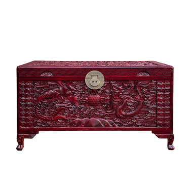 Oriental Chinese Burgundy Phoenix Dragon Carving Camphor Trunk Table cs7533E 