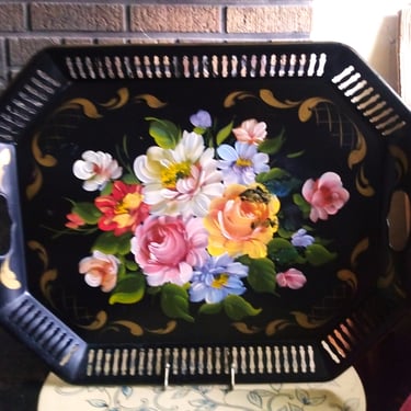 VINTAGE Toleware Serving Tray, Dusty Green Floral Hand Painted Tray, Home Decor 