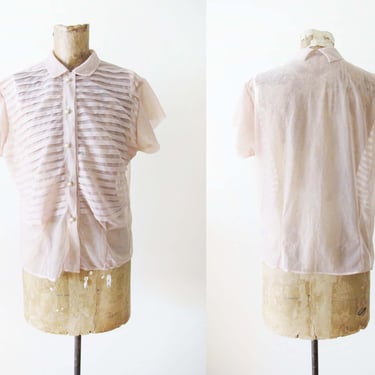 Vintage 50s Sheer Pintuck Blouse M L - Beige 1950s Lingerie Button Back Top - Milady - See Through Peekaboo Shirt 