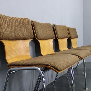 1970s Set of Four Plywood Chairs with Fabric Upholstery , Germany / Mid-century / Brown Colour / Vintage Chair / 