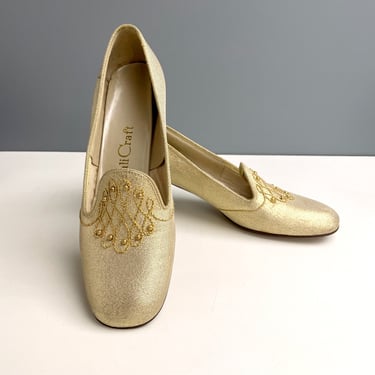 Gold lame chunky heel party shoes - 1970s vintage - size 6.5B 