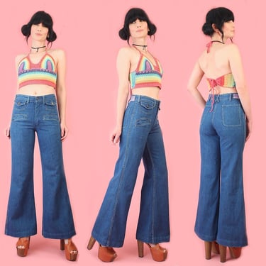 Rare Vintage 70's Faded Glory Bell Bottom Jeans RAINBOW Stitching Bell Bottoms Denim Flares Hippie 26 27 