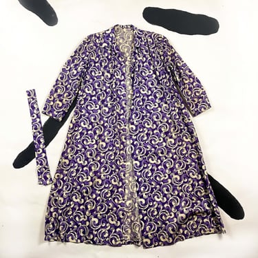 1920s Art Deco Cotton Swirl Print Robe / Purple and White / 20s / 30s / Smoking Jacket / Duster / M / Medium / Belt / Gatsby / Vibrant / 