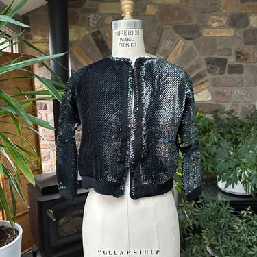 Vintage 1960s Iridescent Black Sequin Knit Open Front Sweater 