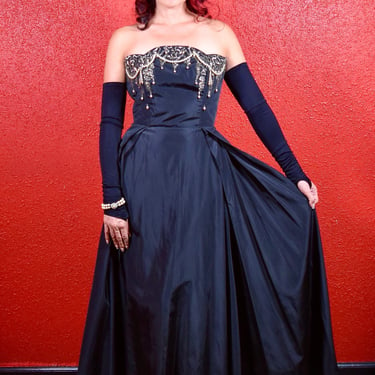 1950s Black Taffeta Beaded Old Hollywood Gown 