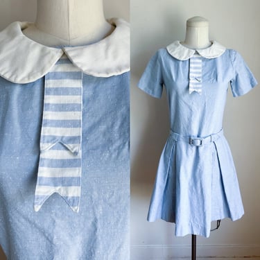 Vintage 1960s Blue Drop Waist Ascot Dress / XS 