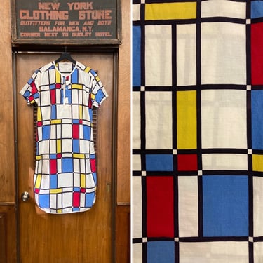 Vintage 1960’s Mondrian Style Pop Art Cotton Mod PJ Long Shirt Dress, Pop Art, Mondrian, Cotton, Mod, 1960’s, Pajama Dress, PJs, 