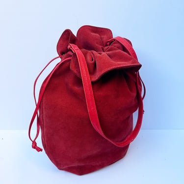 Vintage BOTTEGA VENETA Suede Drawstring Bulb Bucket Bag in Cherry Red 90s Crossbody Hobo Sack Minimal Handbag 