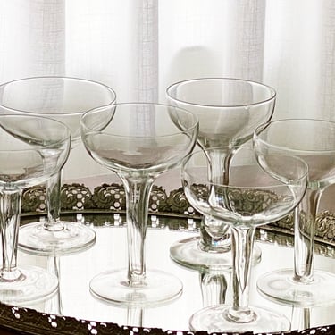 6 Vintage champagne glasses. Mismatched collection of hollow stem coupes for sparkling wine & wedding toasts 