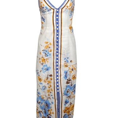 Zimmermann - White, Blue, & Orange Sleeveless Button Front "Halcyon" Dress Sz 2P