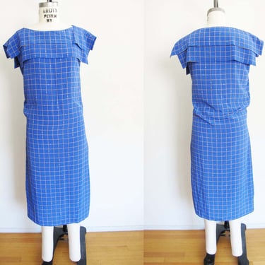 Vintage 80s does 20s Blue Silk Plaid Dress XS S - 1980s does 1920s Cornflower Blue Womens Sailor Collar Midi Flapper Dress 