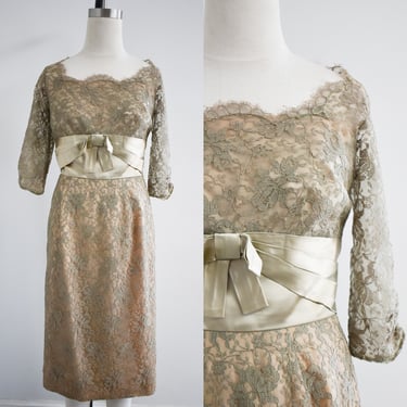 1950s DuBarry Pale Olive Lace Dress 