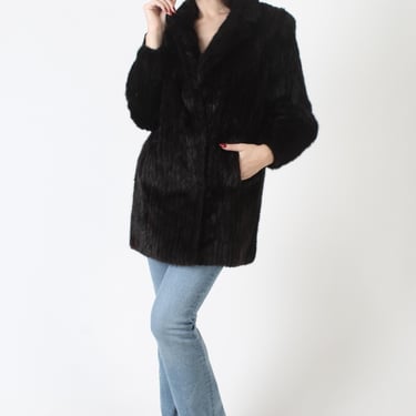 80s Natural Espresso Mink Coat, Womens Corded Bomber Jacket, Vintage Recycled Real Fur Overcoat 