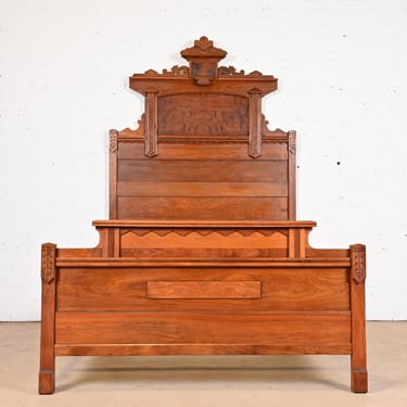 Antique Monumental Eastlake Victorian Carved Burled Walnut Full Size Bed, Circa 1880s
