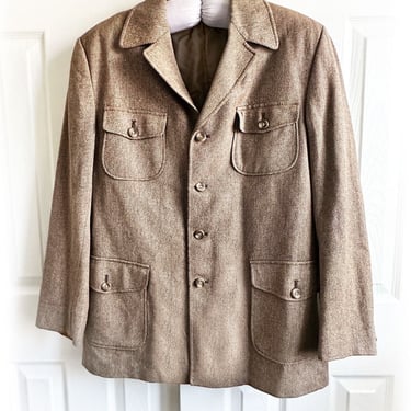 Mens Vintage Wool Classic Jacket Tan Brown Sport Coat, Hunting 1950's, 60's, 1970's Preppy English 