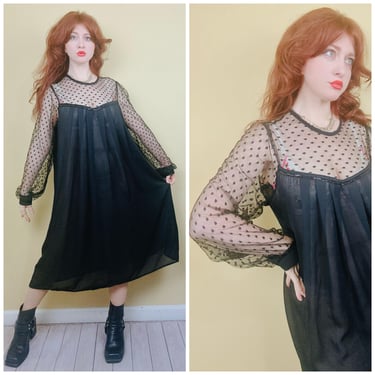 1980s Vintage Sheer Black Swing Dress / 80s Mesh Goth Swiss Dot Babydoll / Size Large - XL 