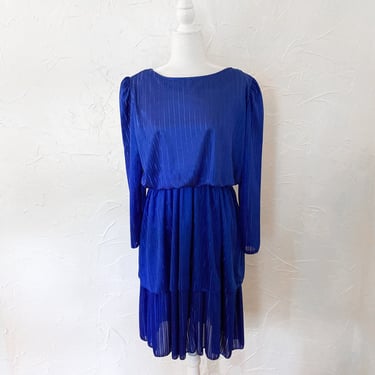 70s Blue Tiered Striped Long Sleeve Disco Dress | Medium/Large 