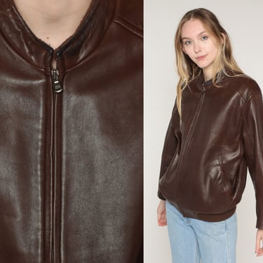 Brown Leather Jacket Y2K Wilsons Leather Jacket Zip Up Moto Jacket Retro Simple Coat Motorcycle Bomber Jacket Bohemian Vintage 00s Small s 