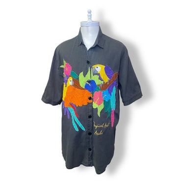 Vintage Aruba Shirt With Embroidered Tropical Parrots Adult Extra Large 80s 90s 