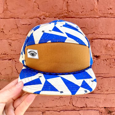 Handmade 6 Panel Hat, Triangle Front Baseball Cap, Triangle Geometric Print Camp Hat, Snap Back Hat, Natural and Blue Cap, gift for him 