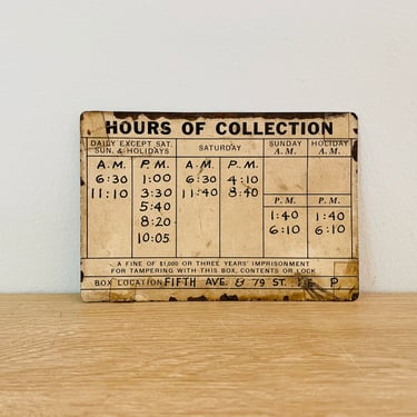 Vintage Small Metal Post Office Mailbox Hours of Collection Sign New York City NYC 