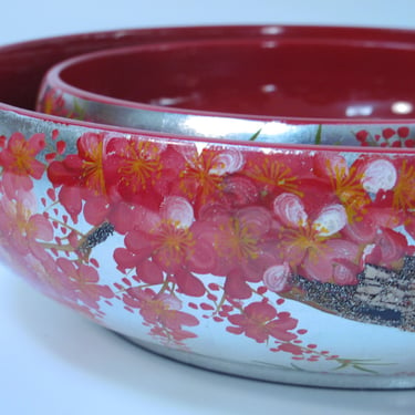 Vintage Japanese Lacquered Bowl Set of 2. Red Cherry Blossom Silver Leaf Nesting Bowls. Home Decor Red Lacquer Hand Painted Flowers 