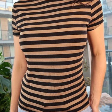 Vintage Slinky Tan and Black Striped Mockneck Top