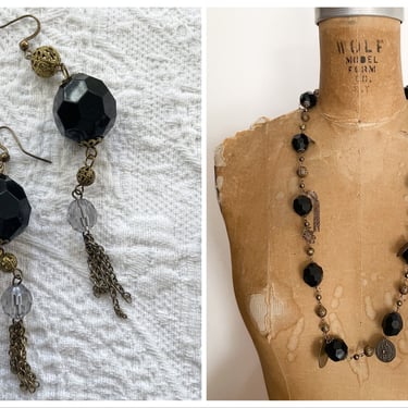 Vintage ‘60s bohemian luxe jewelry set | French coin necklace with faceted jet beads, matching wire dangle earrings 