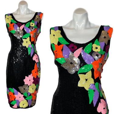 1980's Neon Floral Sequin Dress Size L