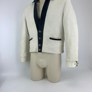 1950'S Cardigan Jacket - Italian Rolled Collar - Waffle Weave Fabric - All Cotton - Satin Lined - Cool Metal Buttons - Men's Size Medium 