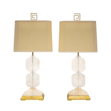 Pair of Stunning Faceted Rock Crystal Table Lamps with Gold Leaf Bases 1990s