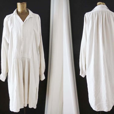 Vintage 70s White Flax Linen Long Sleeve Shirt Dress S M - Minimalist Cottagecore Relaxed Fit Natural Fiber Baggy Peasant Sack Shift 