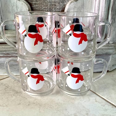 Sale~ Set of 10 Vintage Crate & Barrel Hot Chocolate Glasses~ Coffee Mug Set~ Luminarc Snowman with Broom, Christmas Glassware 