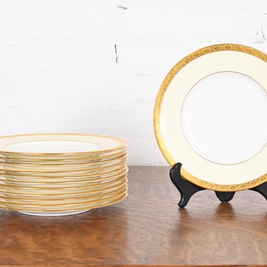 Minton for Tiffany & Co. Art Deco Porcelain Dessert Plates With Gold Gilt Rims, Set of Twelve