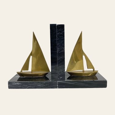 Vintage Bookends Retro 1970s Contemporary + Black Marble + Brass Sailboat + Set of 2 + Book Storage or Display + Modern Home Decor + Sailing 