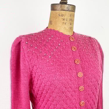 Vintage 1940s Hand Knit Pink Wool Cardigan Sweater/40s Pearl and Rhinestone Embellished Sweater 