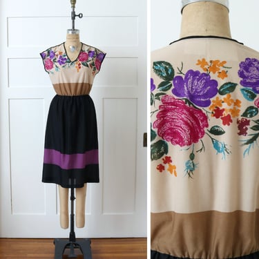 vintage late 1970s 80s floral dress • bright roses color block day dress 