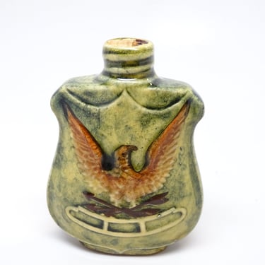 Antique German Glazed Bisque Figural Flask with Eagle, Vintage Porcelain Bottle, Liquor, GERMANY 