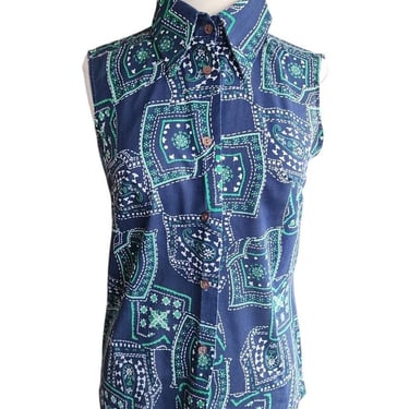 Vintage 70s  Sleeveless Top Bandana Print Blue Green / M 